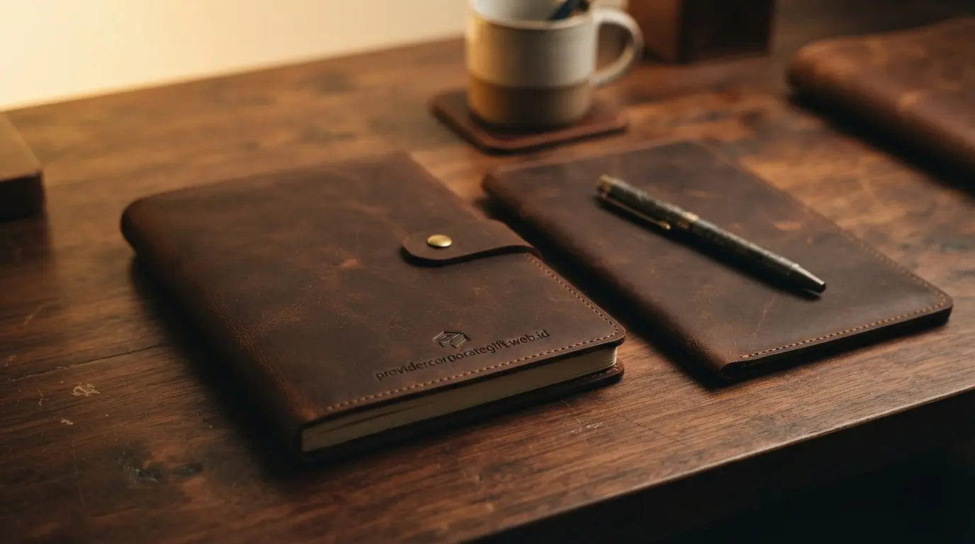 Ilustrasi stationery set kulit premium logo perusahaan