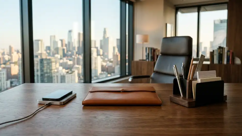 Paket souvenir kantor elegan di atas meja kerja profesional