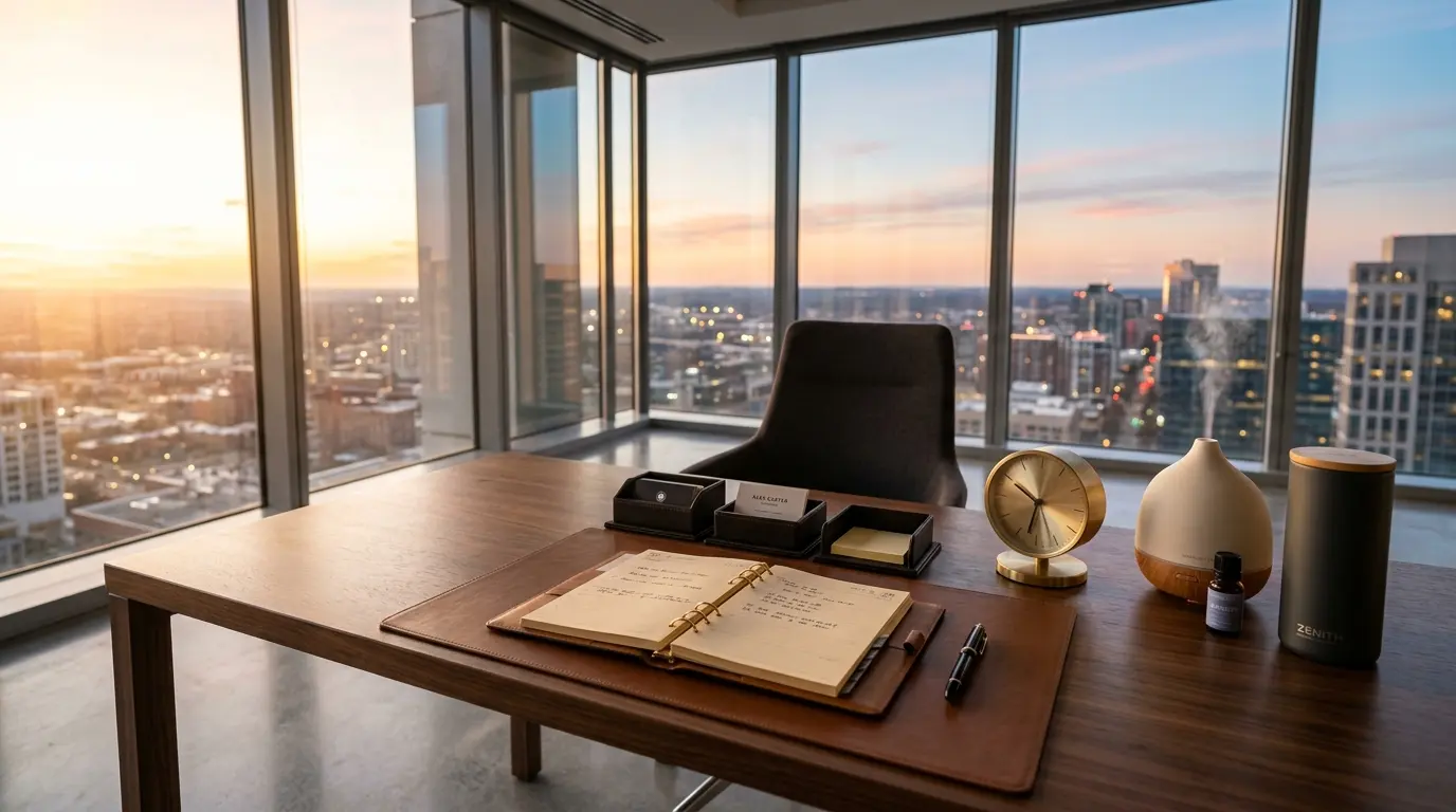 Penataan gift set relasi bisnis elegan di meja kantor modern