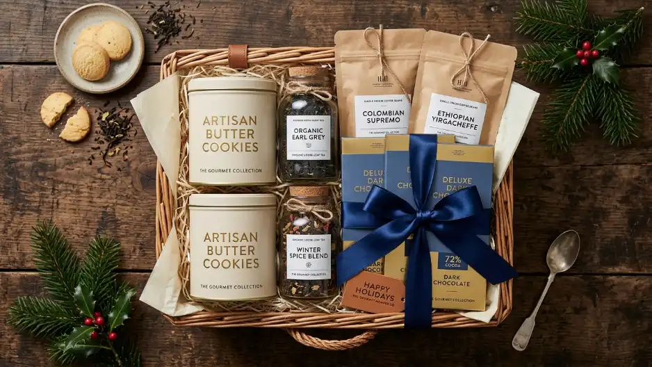 Hampers eksekutif akhir tahun berlogo perusahaan untuk klien VIP