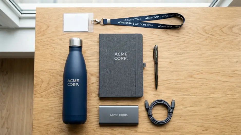 Isi paket onboarding gift set fungsional dan merchandise kantor berlogo perusahaan