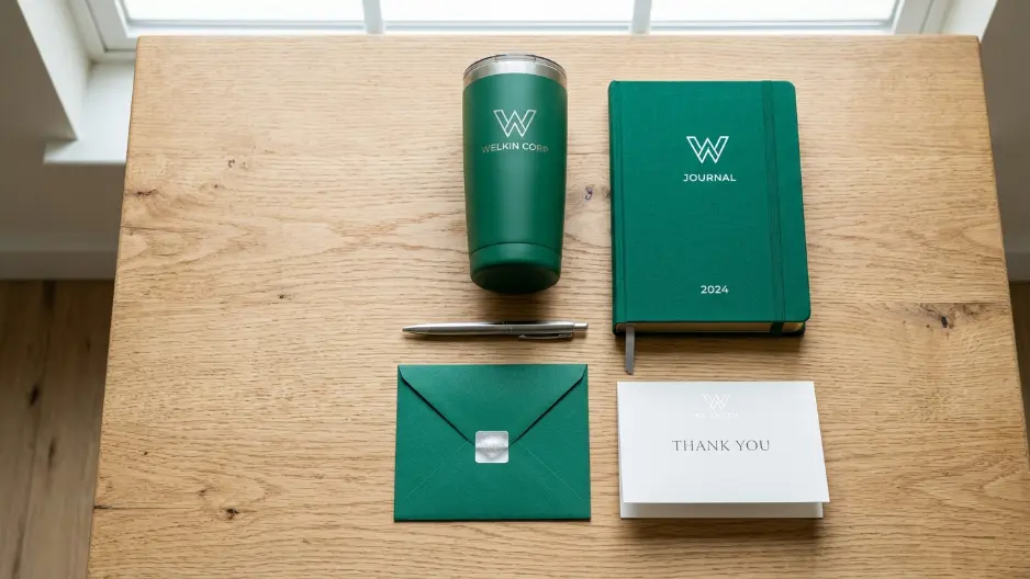 Penerapan logo dan palet warna korporat pada merchandise gift set