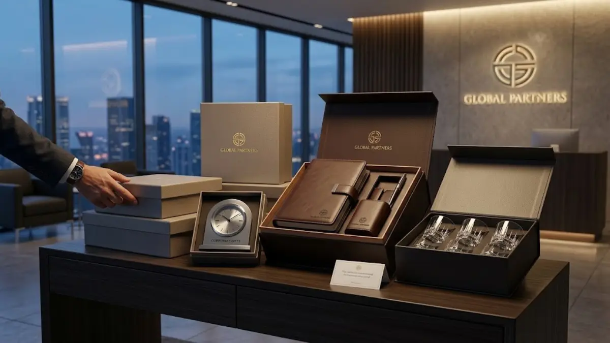 Tim bisnis memberikan corporate gift premium saat pertemuan dengan mitra