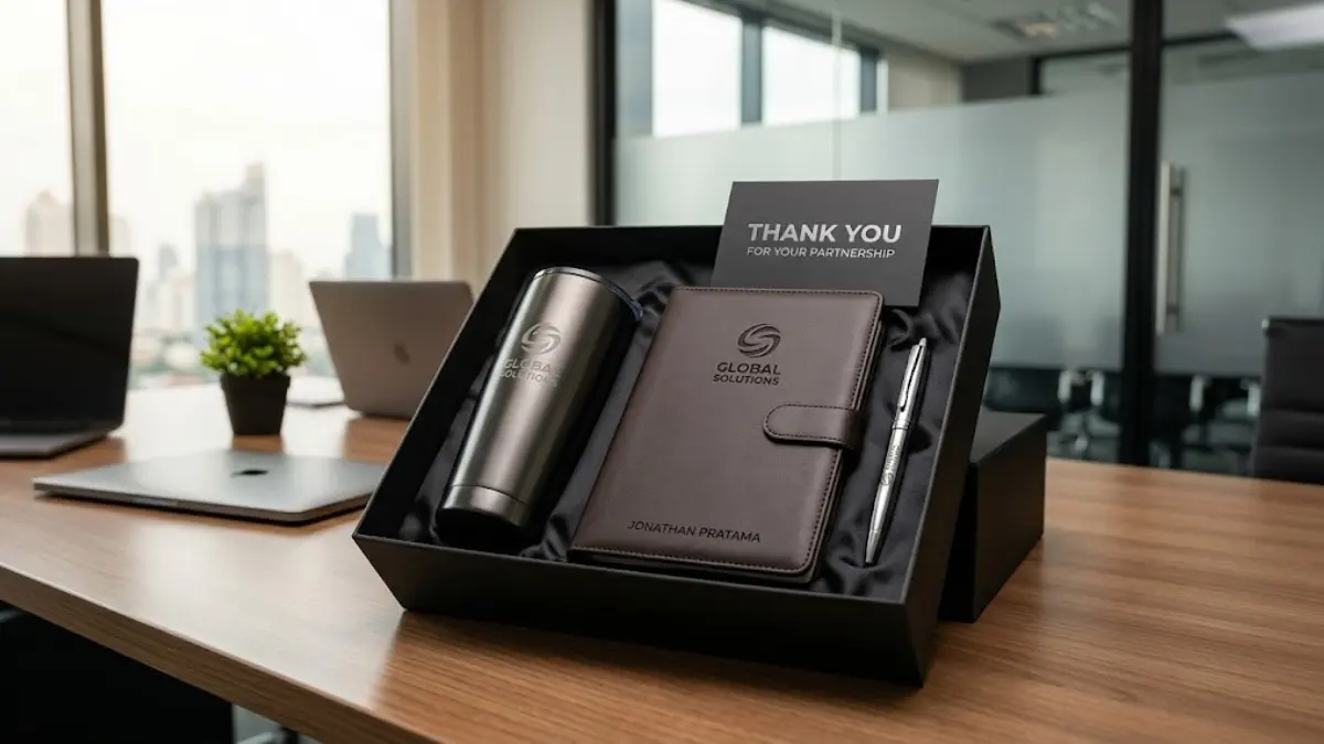 Gift set corporate premium berisi vacuum tumbler, agenda, dan pen metal