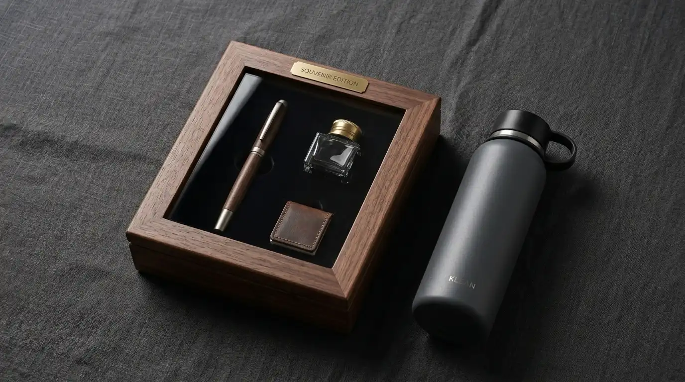 Ilustrasi vacuum flask dan executive pen set