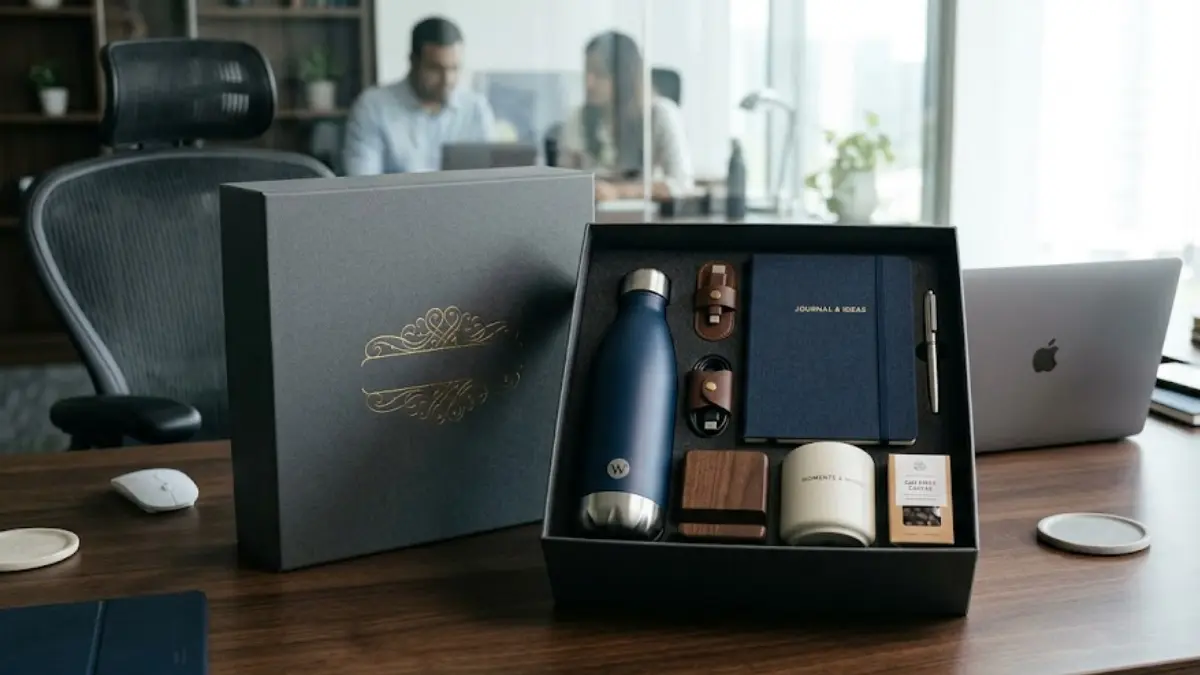 Corporate gift set bertema office lifestyle di atas meja kerja